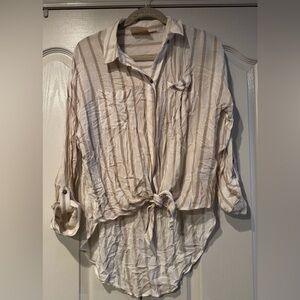 Maeve by Anthropologie Beige and Cream Striped Button-Down Shirt - Size M